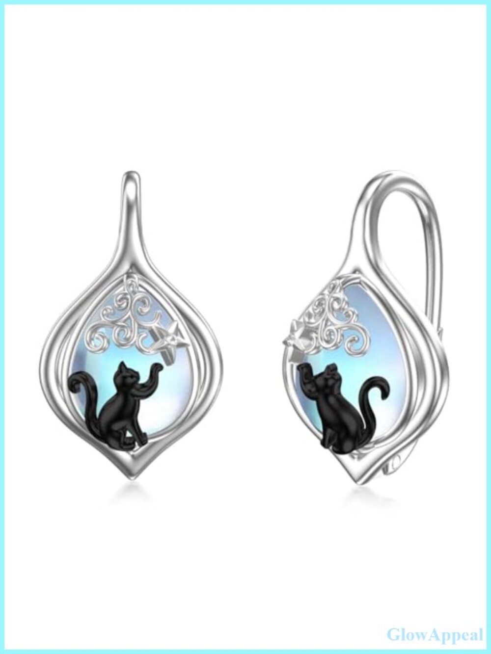925 Sterling Silver Leverback Dangle Earrings Hypoallergenic Moonstone Cat